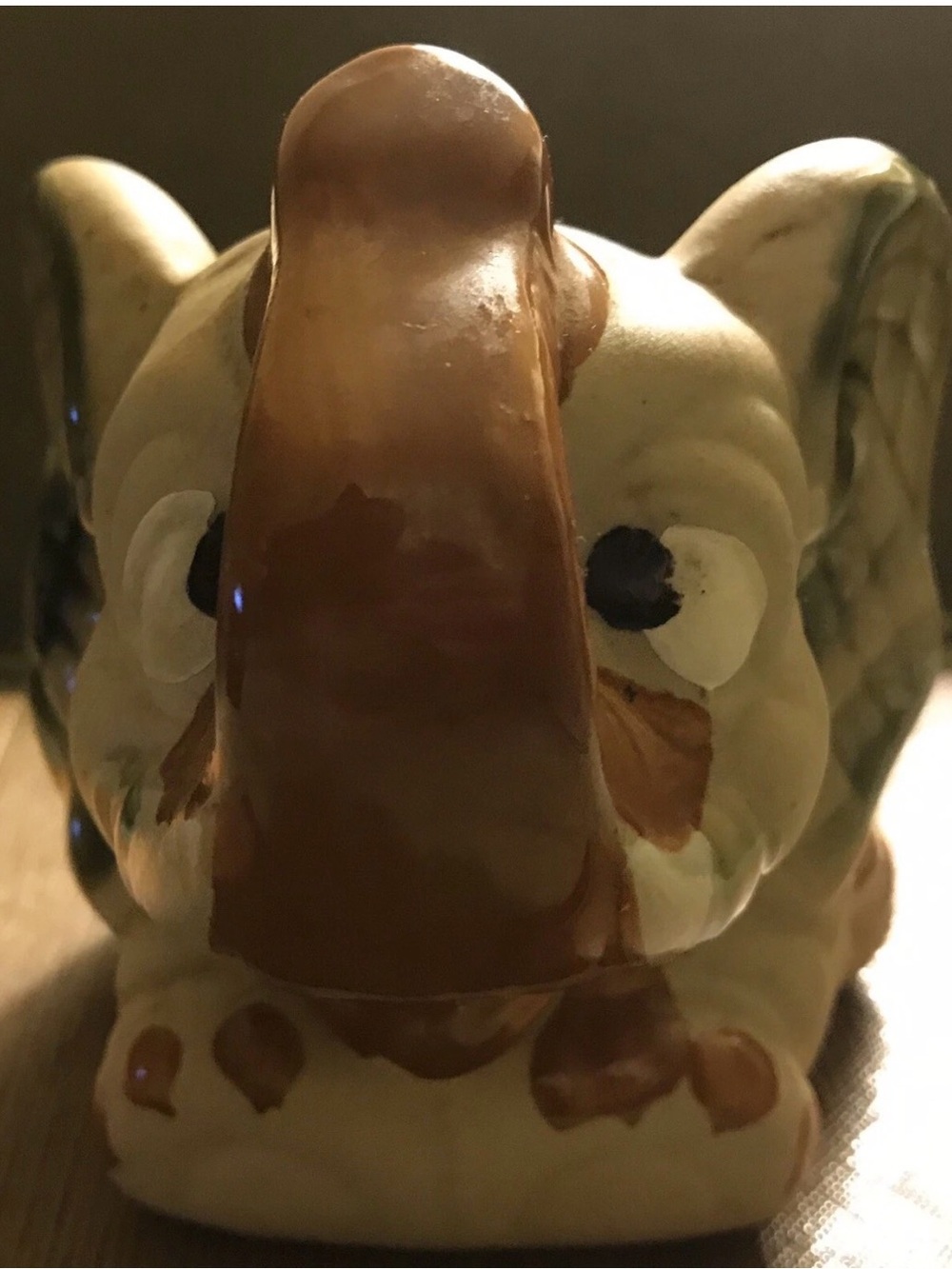 Ceramic Hand Painted Elephant Ashtray in Sage Green with Brown Accents